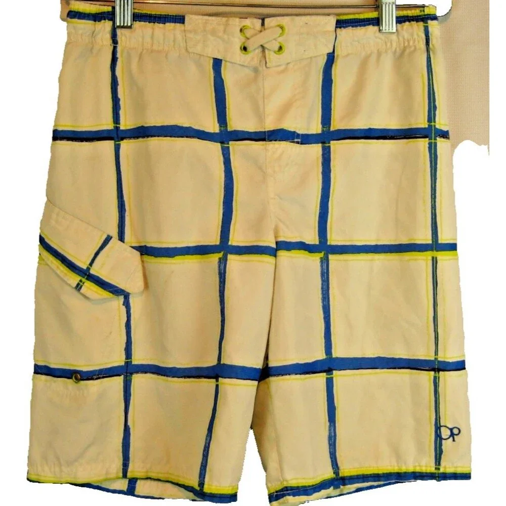 Boys Ocean Pacific OP Blue/White Check Board Swim Surf Shorts sz L(10-12) [28x9]